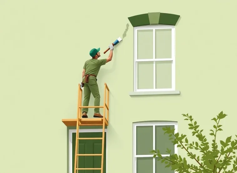 Peintre sur échafaudage traitant la façade d'une maison